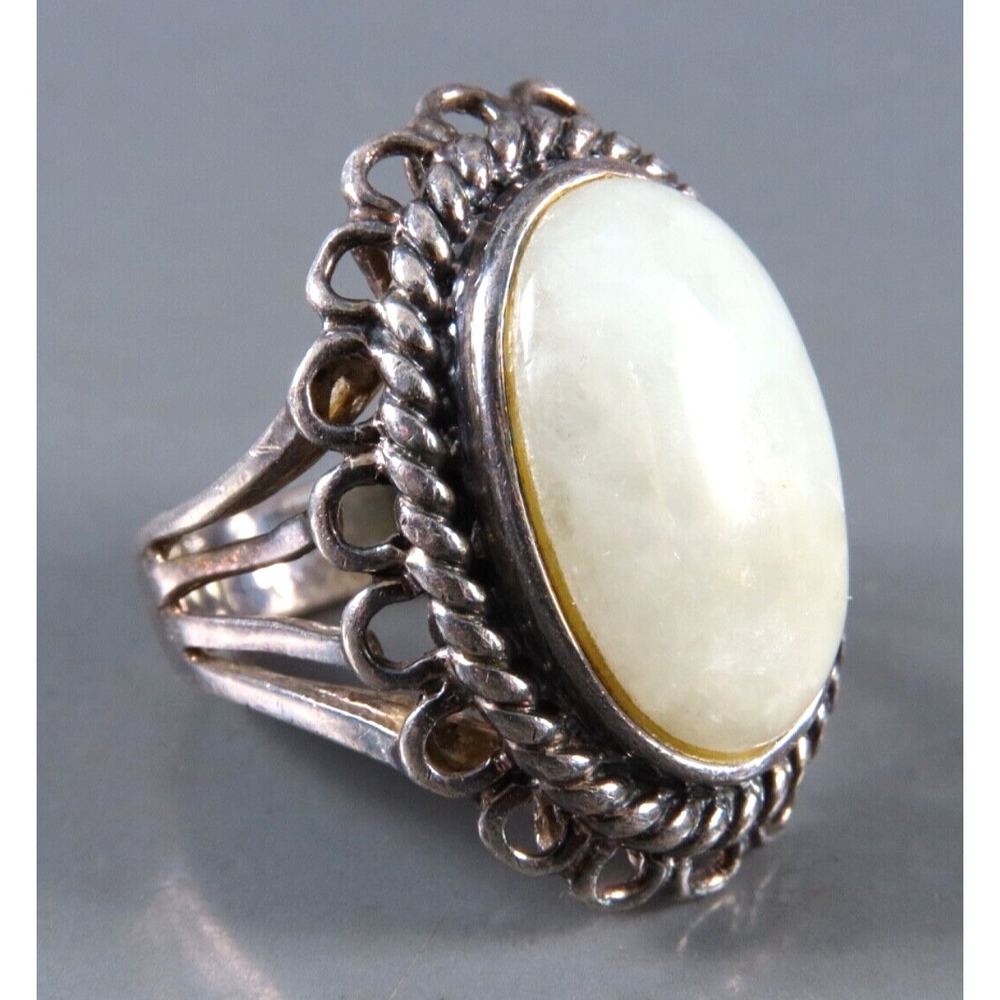 STERLING SILVER Carol Brodie LARGE OVAL WHITE MOONSTONE Scalloped BOHO RING 6